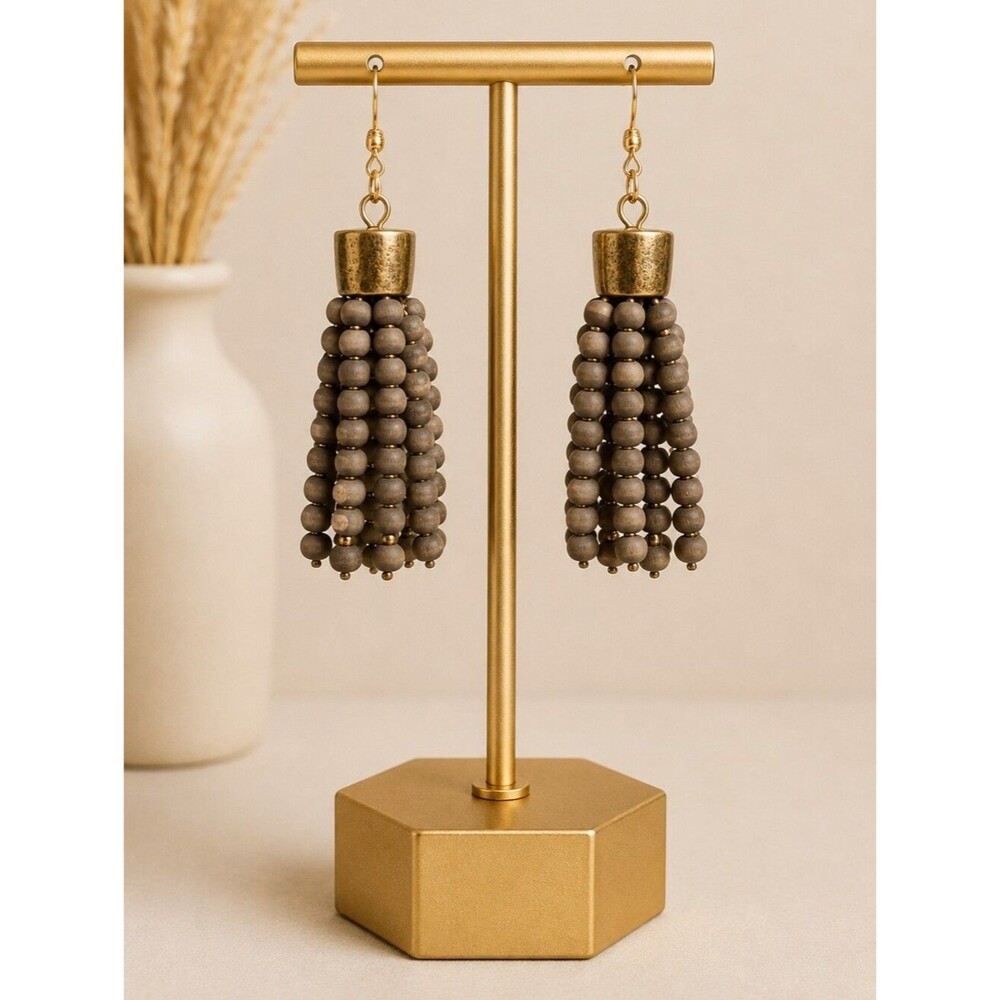 Plunder Design "Robbi" Gray Wood Beads, Fringe Tassels, Earrings - NIP